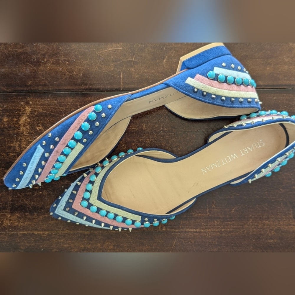 Stuart Wietzman Studded Beaded D'Orsay Blue Leather Flats Women's 9